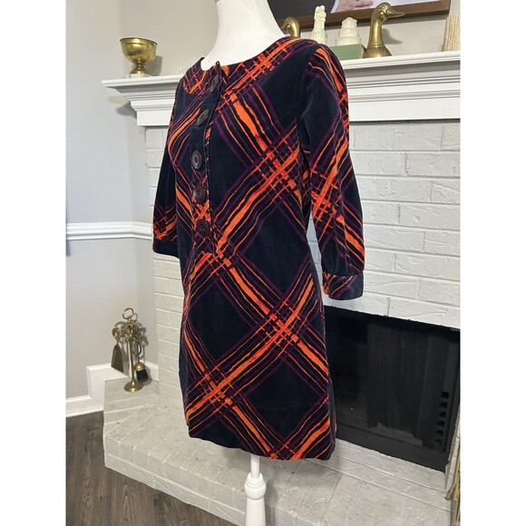 GO International Dress Womens Med Navy Orange Purple Plaid Corduroy 70’s Retro - Picture 3 of 8